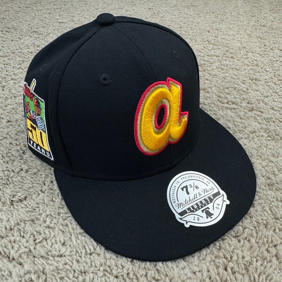 Atlanta Braves Hat Mitchell & Ness Fitted‎ 7 3/8 Topps 50 Years Patch Cap NWT - Picture 1 of 9
